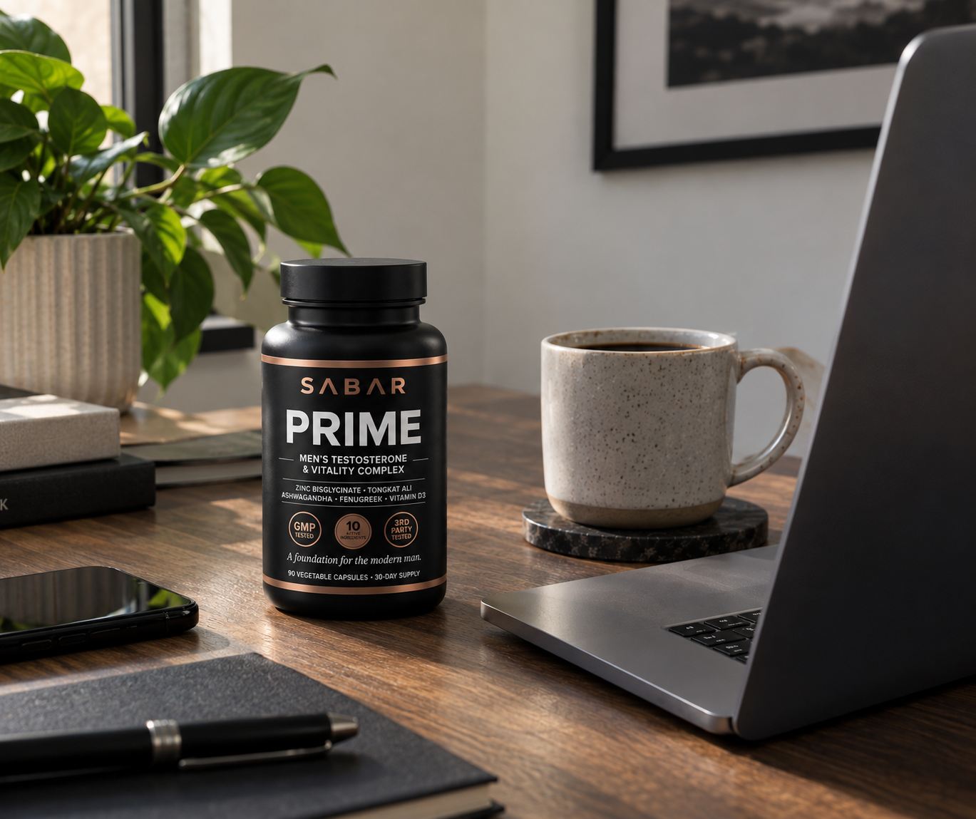 SABAR PRIME beside a laptop and coffee on a desk